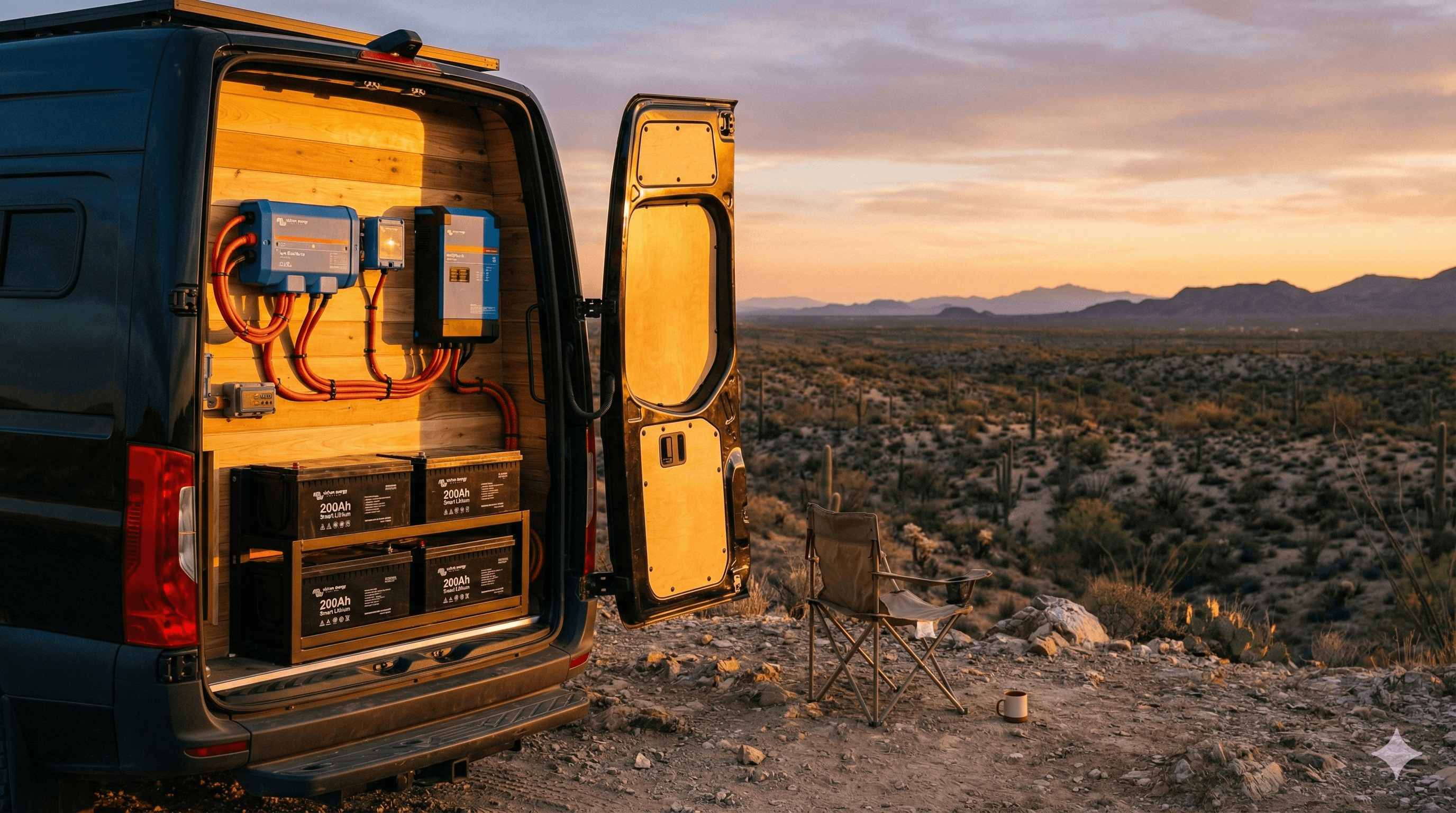 Van conversion with rooftop solar array and off-grid electrical system
