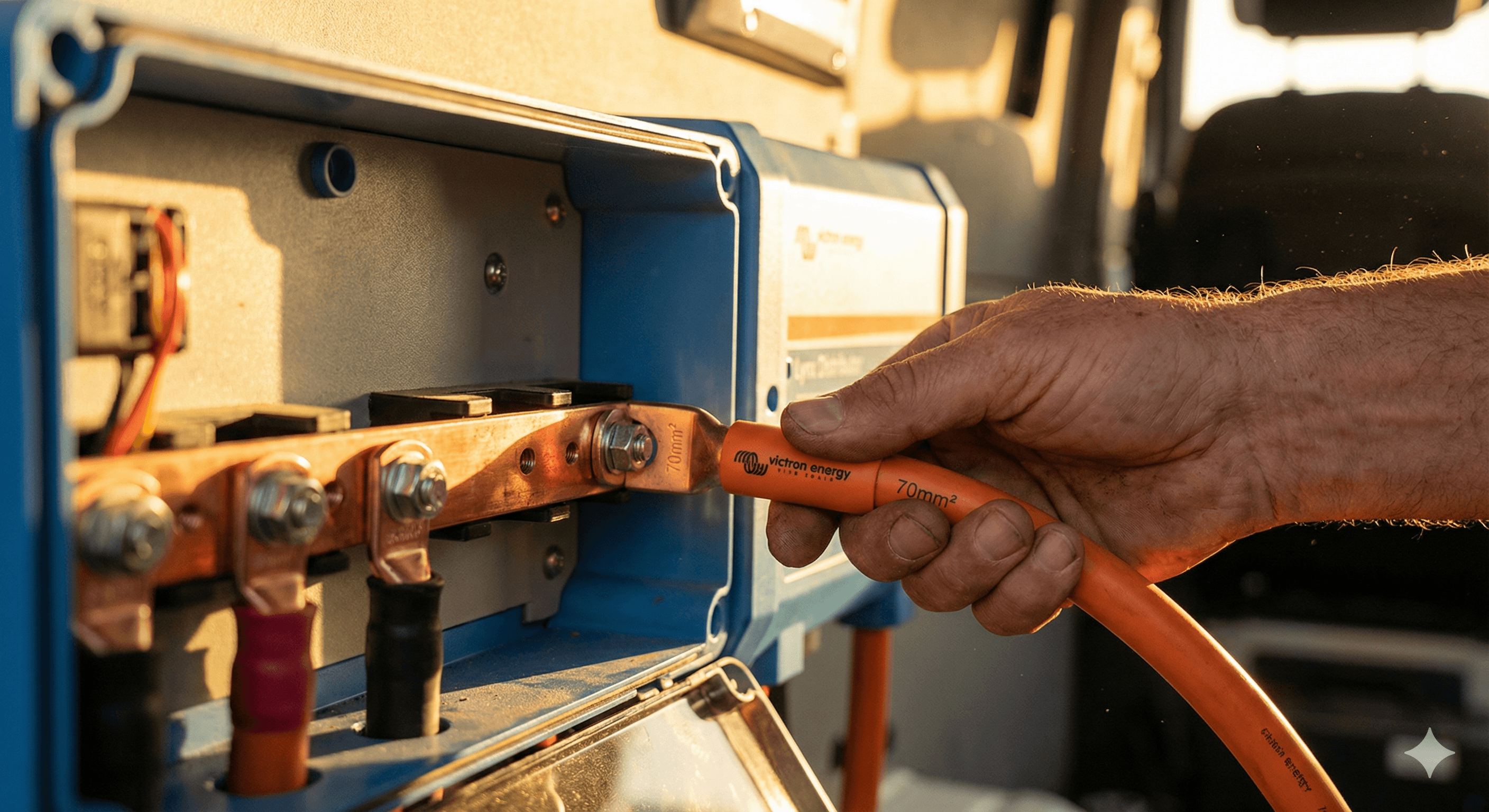 Close-up of Victron battery energy storage system in RV installation